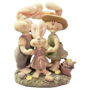 Vtg Figurine 3 Easter Bunny Rabbit Family Flowers